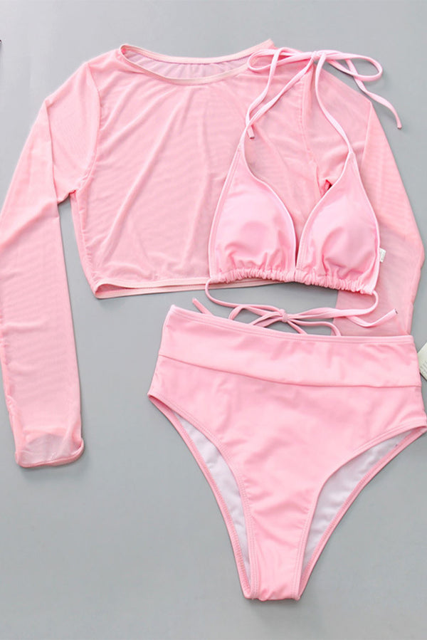 Pink Three-piece Triangle Bikini with 3/4 Sleeve Crop Top