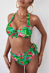 Multicolor Floral Print Halter Neck Tie Side Bikini Set
