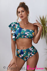 Green Floral Print Ruffled Single Shoulder High Waisted Swimsuit