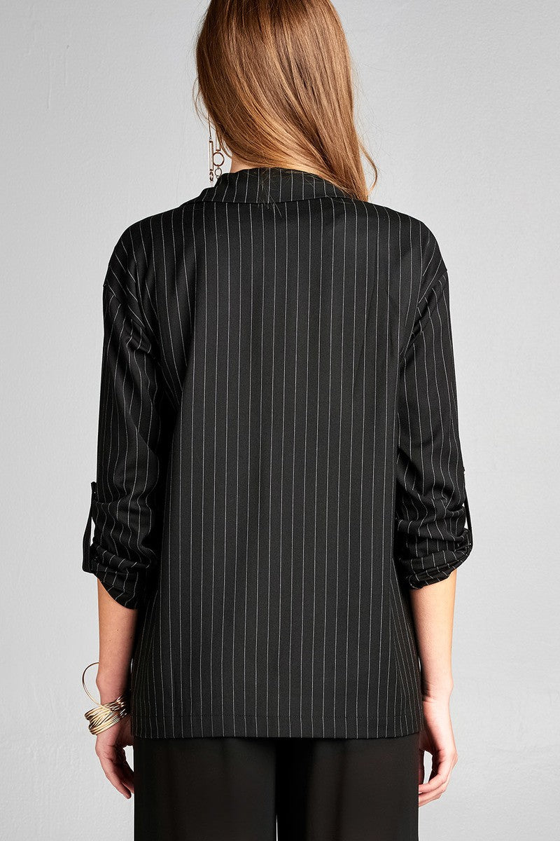 Ladies fashion 3/4 roll up sleeve w/snap button open front w/collar print stripe blazer