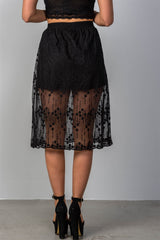 Ladies fashion boho elastic waist lined lace midi skirt