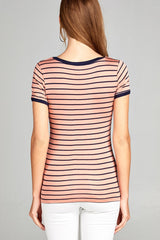 Ladies fashion short sleeve v-neck yarn dyed stripe rayon spandex top