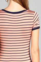 Ladies fashion short sleeve v-neck yarn dyed stripe rayon spandex top