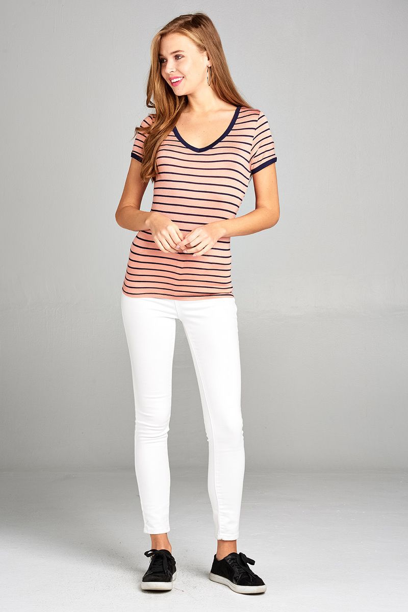 Ladies fashion short sleeve v-neck yarn dyed stripe rayon spandex top