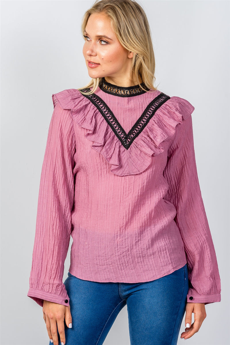 Ladies fashion pink pointelle ruffle contrast crochet trim top