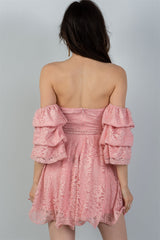 Ladies fashion flounce-hem off the shoulder lace mini dress