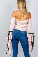 Ladies fashion pink ruffles flare sleeve off the shoulder blouse