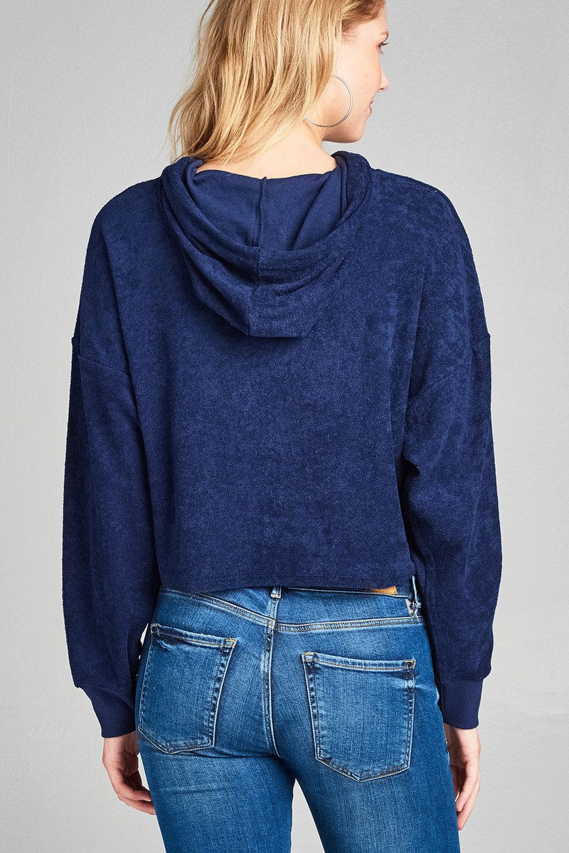 Ladies fashion plus size dropped long sleeve french terry hoodie top