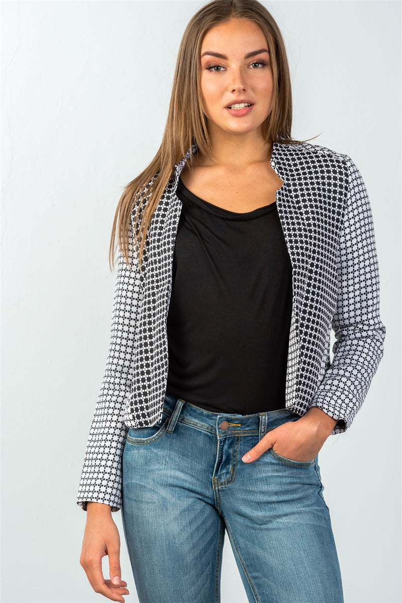 Ladies fashion two pockets  black & cream checkered monochrome blazer