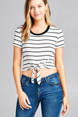 Ladies fashion short sleeve round contrast neck with knotted front crop multi stripe rayon spandex top