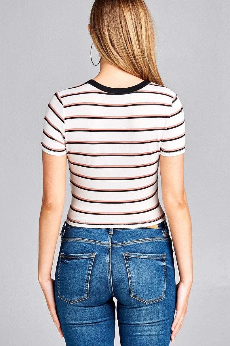 Ladies fashion short sleeve round contrast neck with knotted front crop multi stripe rayon spandex top