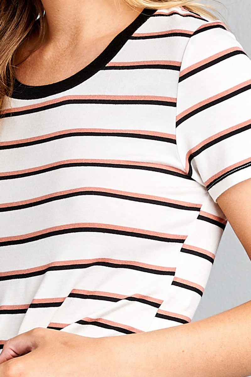 Ladies fashion short sleeve round contrast neck with knotted front crop multi stripe rayon spandex top