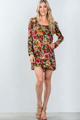 Ladies fashion long sleeve scoop neck allover floral mini dress
