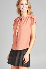 Ladies fashion tulip sleeve v-neck self tie w/eyelet detail front button woven top