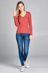 Ladies fashion long sleeve v-neck fitted rib sweater top