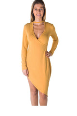 Ladies fashion choker asymmetric long sleeve mini dress