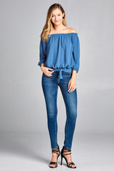 Ladies fashion 3/4 sleeve off the shoulder waist band w/front self tie back smocked detail crepe woven top