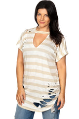 Ladies fashion plus size round neckline striped and destroyed cutout tee
