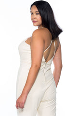 Ladies fashion plus size ivory thin straps v neck x cross back zipper  jumpsuit