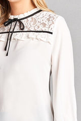 Ladies fashion plus size 3/4 sleeve lace yoke detail w/contrast tie woven top