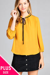 Ladies fashion plus size 3/4 sleeve contrast color tie woven top