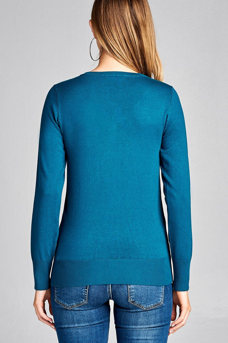 Ladies fashion long sleeve vneck classic sweater