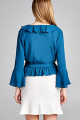 Ladies fashion 3/4 bell sleeve wrap w/ruffle side tie closure flare bottom wool dobby woven top