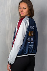 Ladies fashion navy "brunch" embroidered bomber colorblock jacket