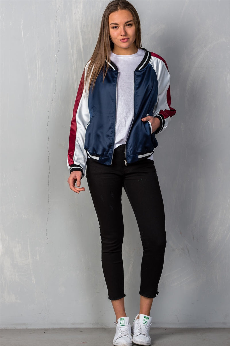 Ladies fashion navy "brunch" embroidered bomber colorblock jacket