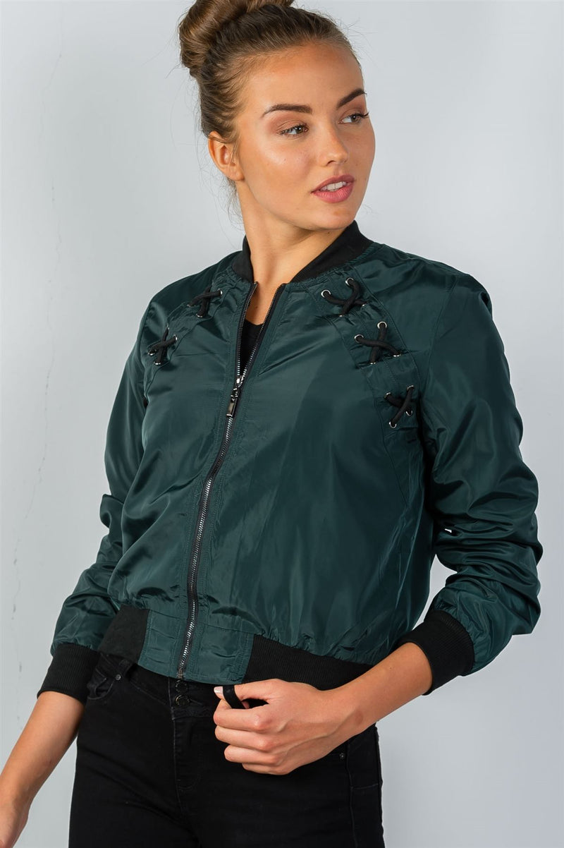 Ladies fashion front zipper closure sides laceup bomber jacket