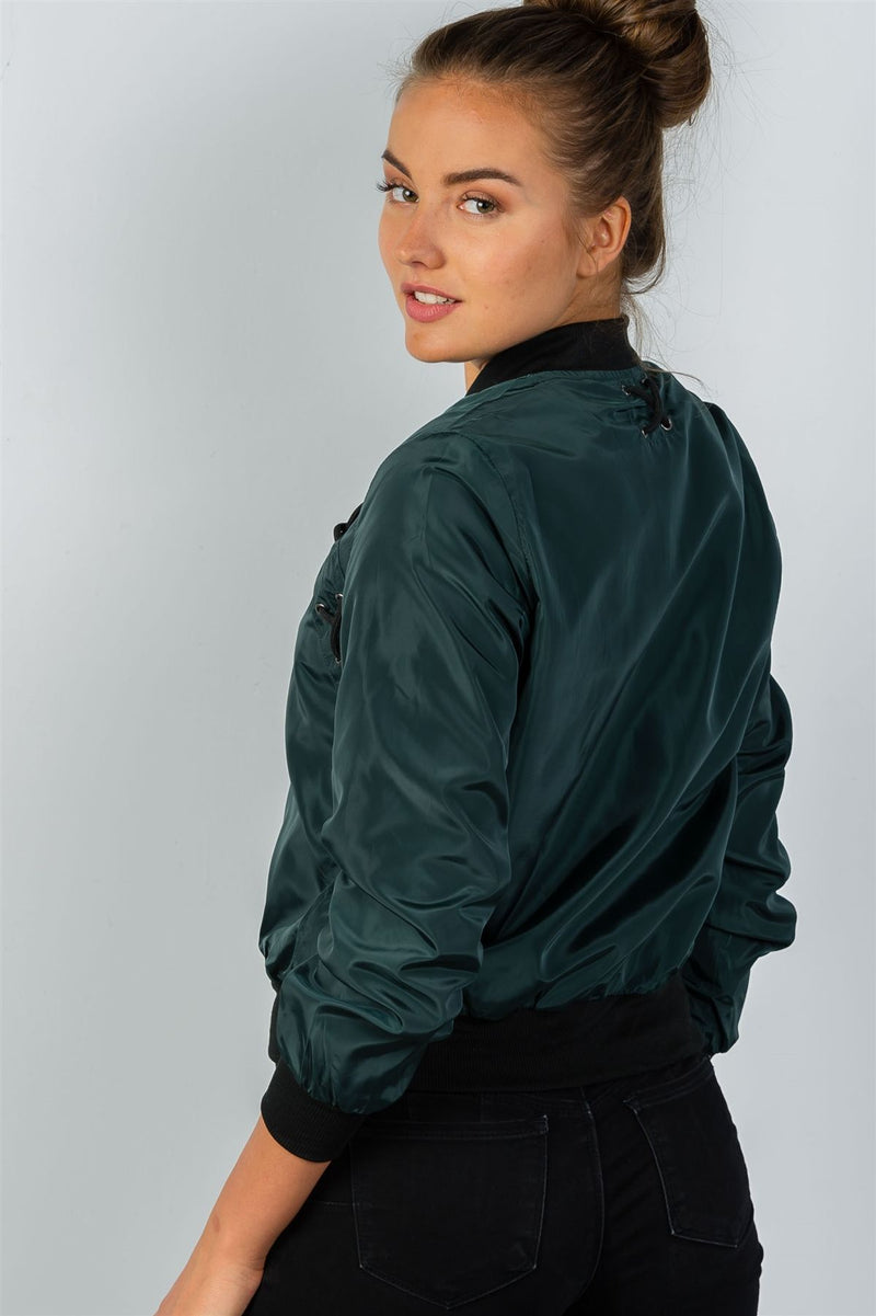 Ladies fashion front zipper closure sides laceup bomber jacket
