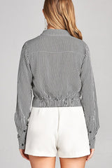 Ladies fashion long sleeve front knot w/button stripe rayon challis woven top