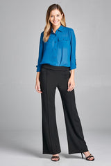 Ladies fashion long sleeve front pocket chiffon blouse w/ back button detail