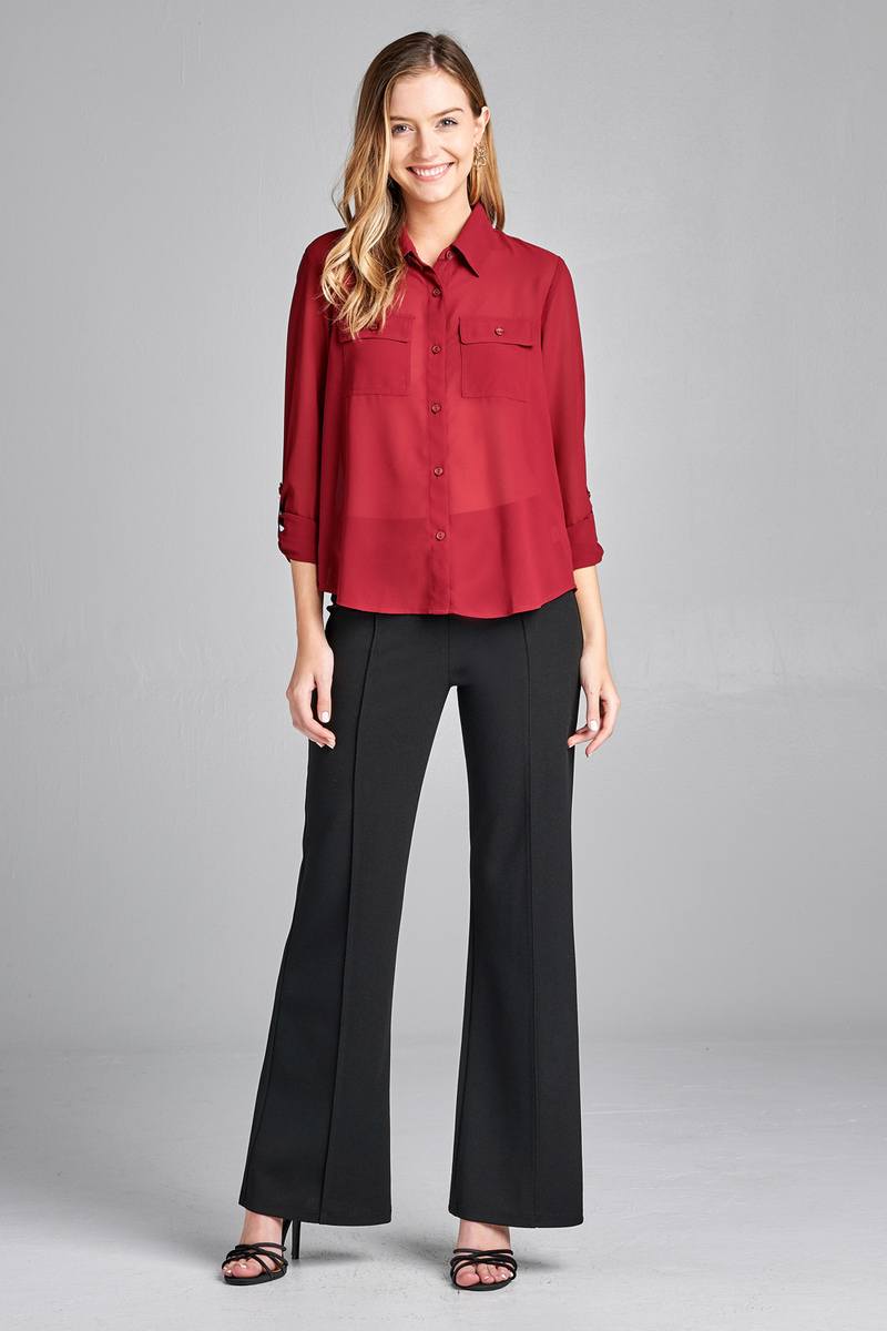 Ladies fashion plus size long sleeve front pocket chiffon blouse w/black button detail
