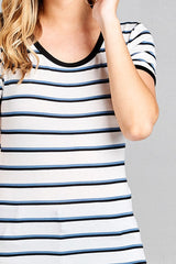 Ladies fashion short sleeve round neck yarn dye stripe rayon spandex jersey top