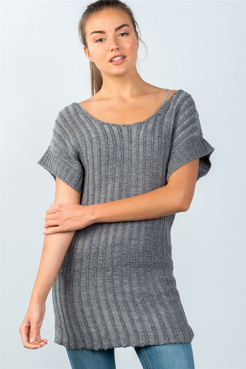 Ladies fashion scoop neckline shortsleeve open knit sweater