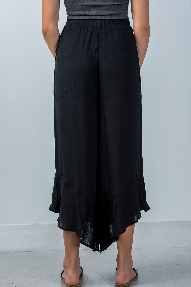 Ladies fashion sheer elastic waistline  black flare wide leg culotte