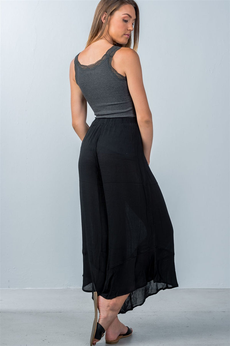 Ladies fashion sheer elastic waistline  black flare wide leg culotte
