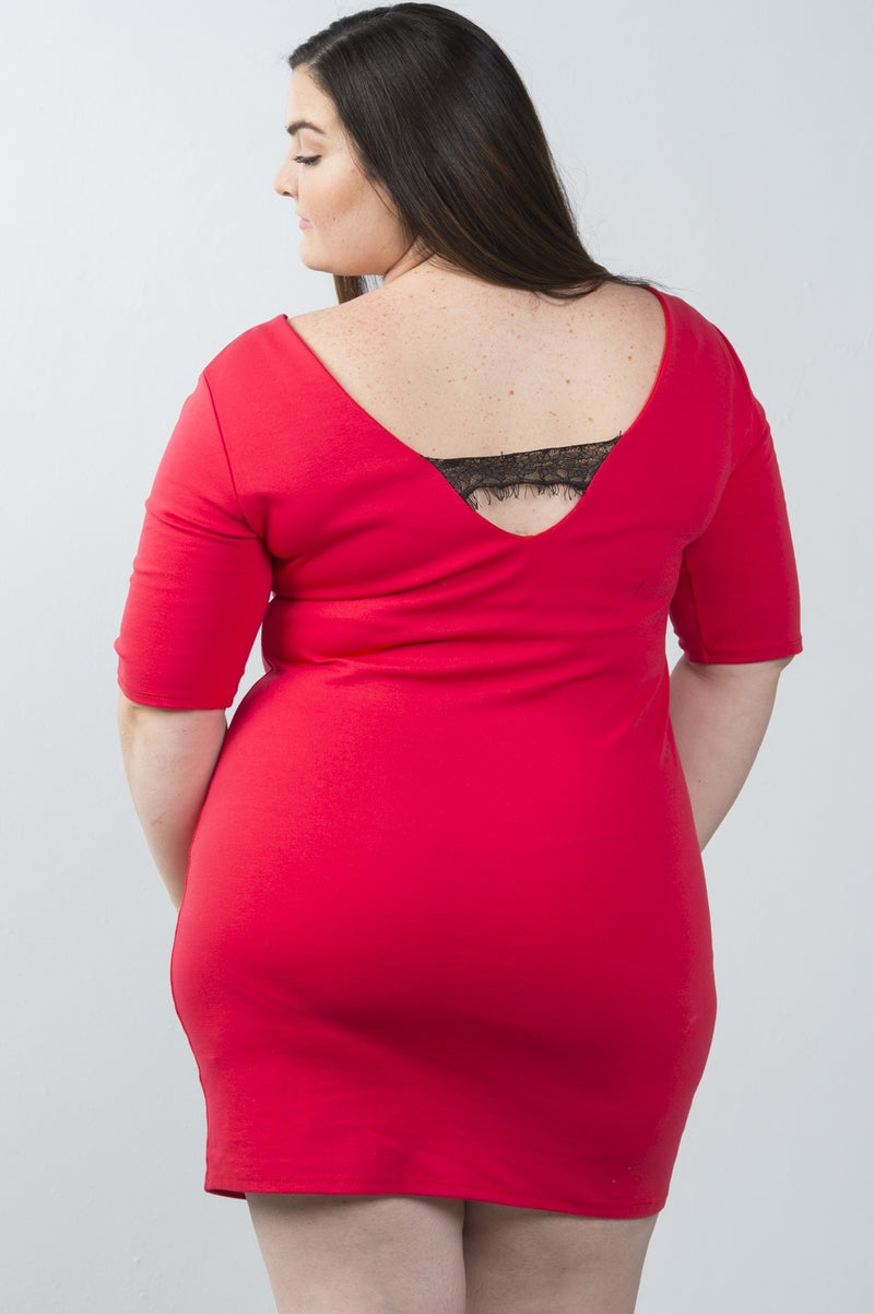 Ladies fashion plus size 3/4 sleeve back lace detail mini dress
