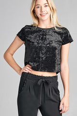 Ladies fashion short sleeve round neck ice velvet crop top