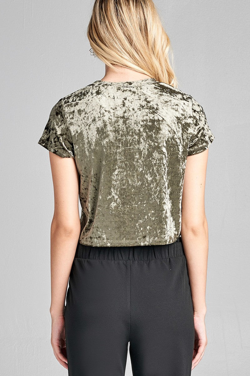 Ladies fashion short sleeve round neck ice velvet crop top