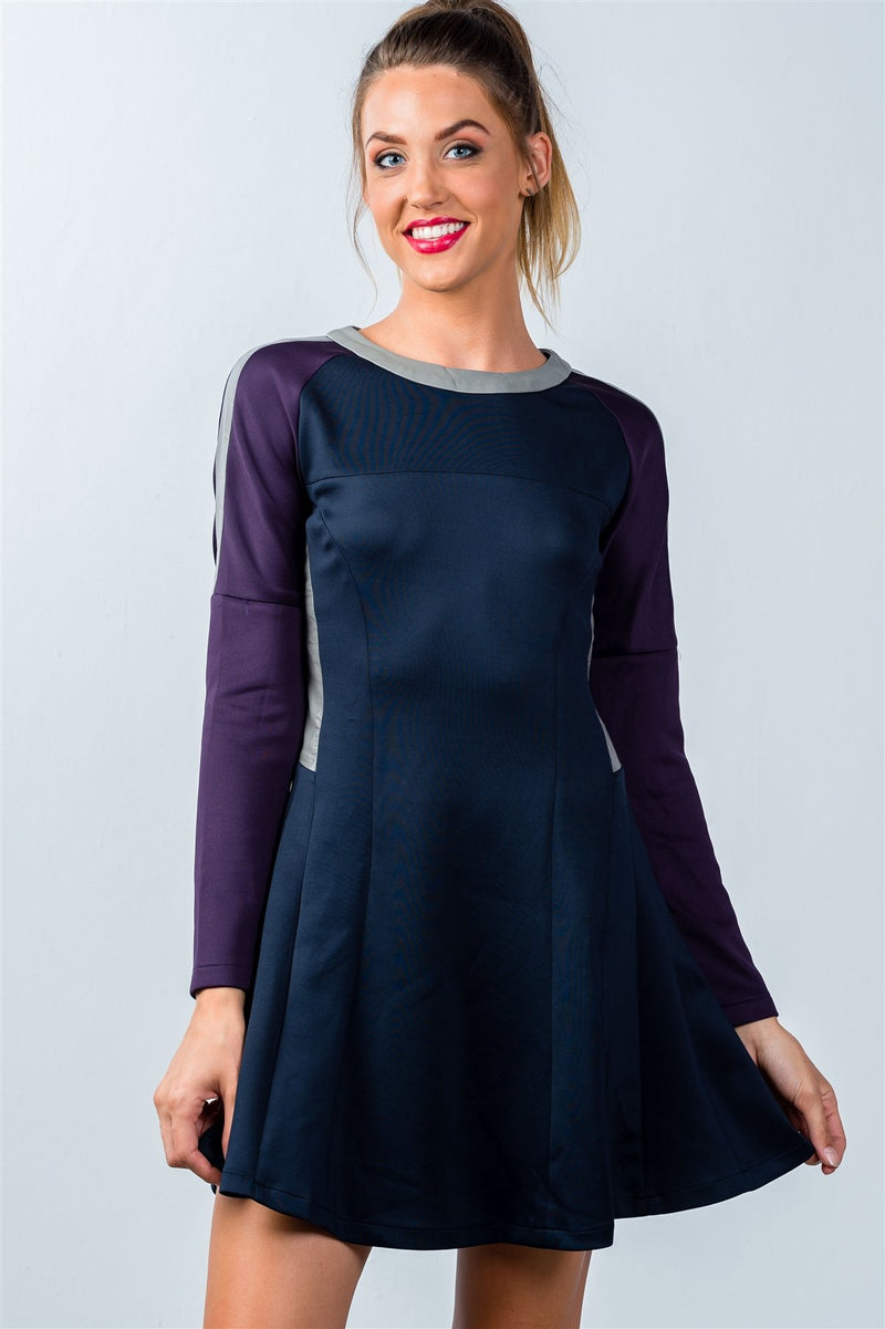 Ladies fashion  navy and purple color-block swing dress