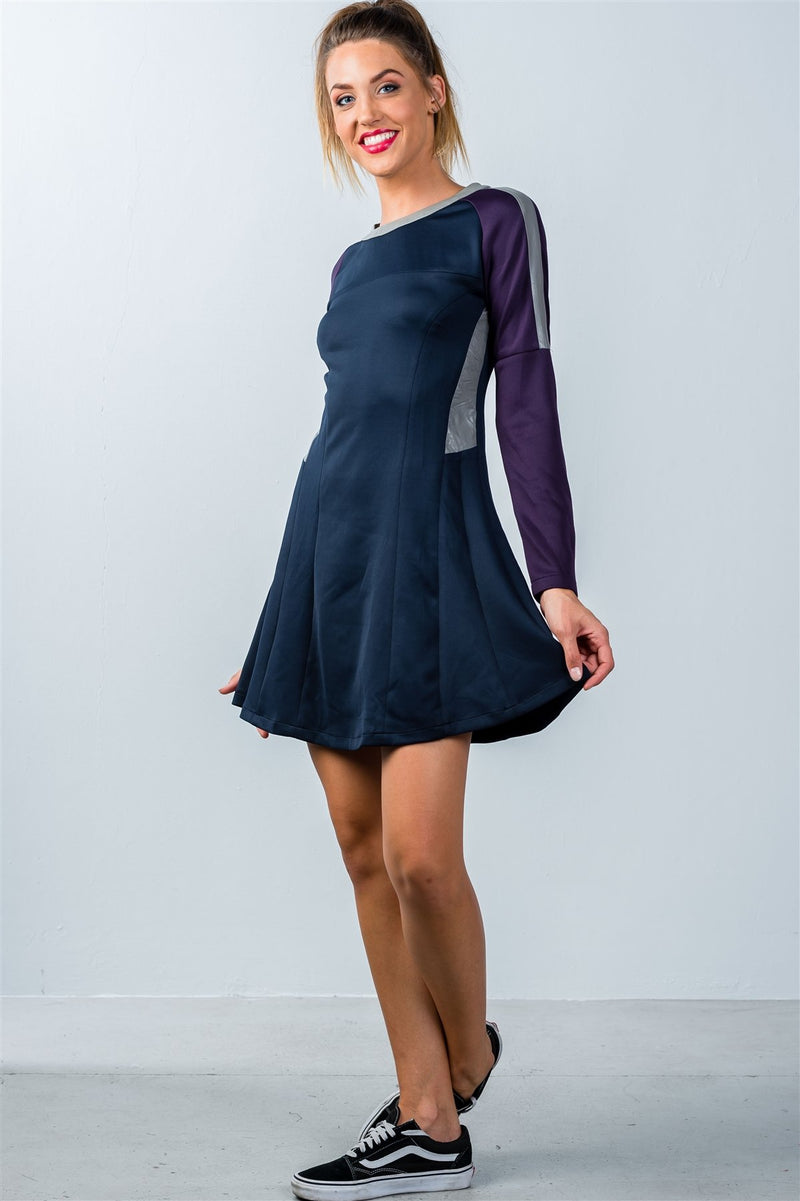 Ladies fashion  navy and purple color-block swing dress