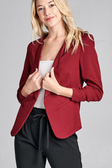 Ladies fashion 3/4 shirring sleeve open front woven jacket