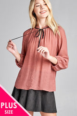 Ladies fashion plus size 3/4 sleeve contrast tie front button detail slub gauze woven top
