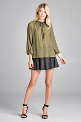 Ladies fashion plus size 3/4 sleeve contrast tie front button detail slub gauze woven top