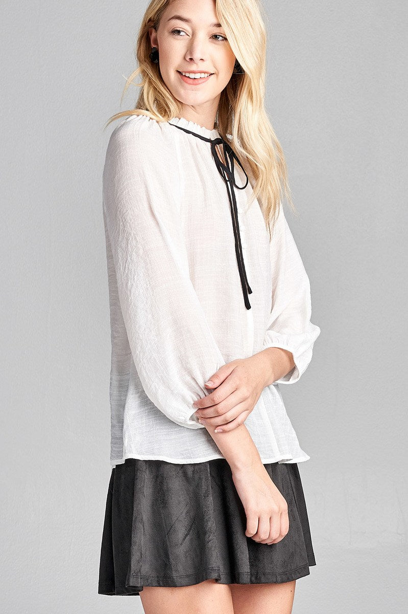 Ladies fashion plus size 3/4 sleeve contrast tie front button detail slub gauze woven top