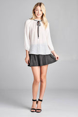 Ladies fashion plus size 3/4 sleeve contrast tie front button detail slub gauze woven top