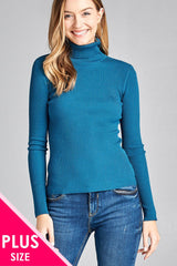 Ladies fashion plus size long sleeve turtle neck fitted rib sweater top
