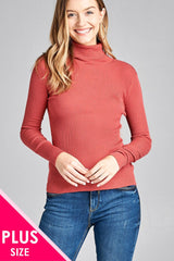 Ladies fashion plus size long sleeve turtle neck fitted rib sweater top